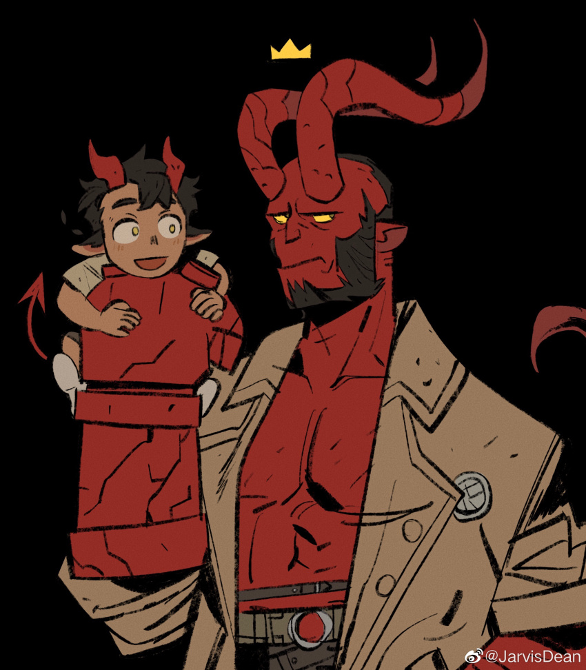 2boys aged_down all_saints_street alternate_horns balding bara black_hair blank_eyes carrying carrying_person child coat colored_skin cowboy_shot crossover curled_horns demon_boy facial_hair floating_crown frown hellboy hellboy_(comic) highres horns jarvisdean large_hands large_horns male_focus mature_male multiple_boys muscular muscular_male mutton_chops nick_holt pectoral_cleavage pectorals red_skin short_hair trait_connection yellow_eyes