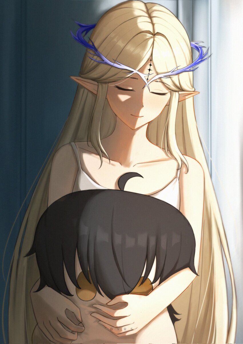 1girl alternate_costume bare_shoulders bayris blonde_hair cartethyia_(wuthering_waves) closed_eyes closed_mouth collarbone commentary crown_of_thorns doll dress highres holding holding_doll long_hair male_rover_(wuthering_waves) objectification pointy_ears rover_(wuthering_waves) sidelocks smile solo tacet_mark_(wuthering_waves) upper_body very_long_hair white_dress wuthering_waves