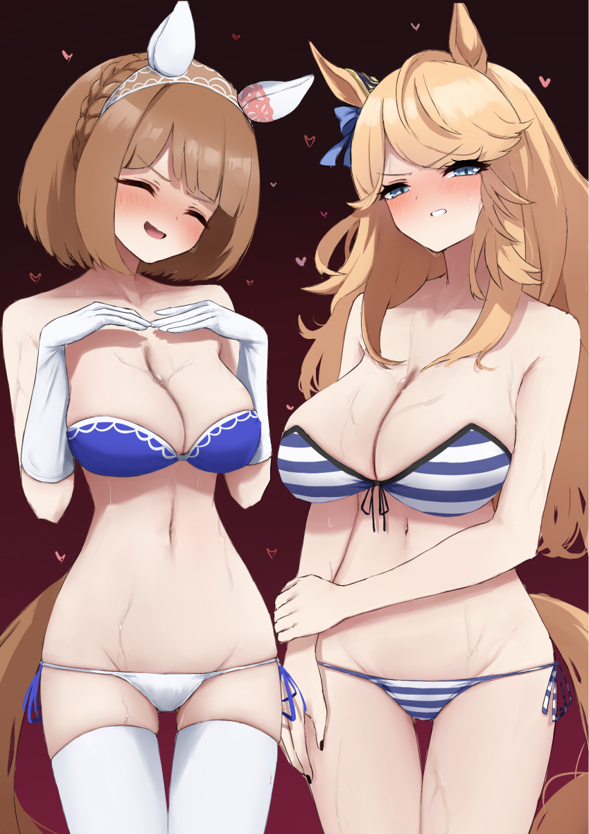 2girls alternate_costume blonde_hair braid breasts brown_hair cleavage closed_eyes collarbone gloves gold_city_(umamusume) grin groin hairband hatinanasan8787 heart heart-shaped_pupils highres horse_girl large_breasts long_hair looking_at_viewer medium_breasts medium_hair multiple_girls navel simple_background smile sweat swimsuit symbol-shaped_pupils umamusume yukino_bijin_(umamusume)