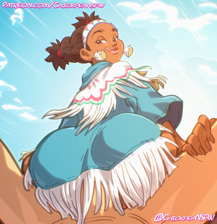 1boy 1girl :q ass blue_sky chickpea_(chickpeansfw) cloud dark-skinned_female dark_skin earrings highres interracial jewelry lily_hawk lips long_hair penis sex sitting sky street_fighter street_fighter_6 tongue tongue_out