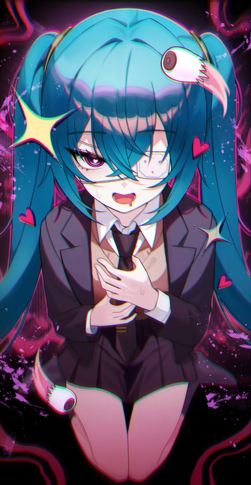1girl absurdres black_jacket black_necktie black_skirt blue_eyes blue_hair brown_vest collared_shirt commentary_request crossed_bangs drooling eyeball eyepatch hair_between_eyes hair_intakes hatsune_miku heart heart-shaped_pupils highres jacket long_hair long_sleeves looking_at_viewer lower_teeth_only medical_eyepatch monitoring_(vocaloid) mouth_drool navy_bean_(water1402) necktie open_clothes open_jacket open_mouth pleated_skirt shirt sidelocks skirt solo sweatdrop symbol-shaped_pupils teeth tie_clip twintails very_long_hair vest vocaloid white_shirt