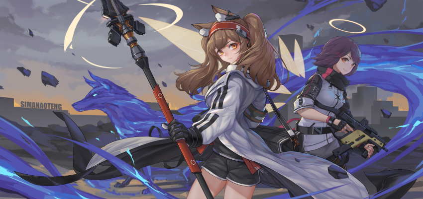 2girls angel angelina_(arknights) animal_ears arknights artist_name black_gloves black_shirt black_shorts brown_hair building cityscape clothing_cutout cloud coat commentary_request detached_wings earpiece energy_wings exusiai_(arknights) fingerless_gloves floating_clothes fox_ears fox_girl glove_cutout gloves gun hairband halo highres holding holding_gun holding_staff holding_weapon jacket kriss_vector long_hair long_sleeves looking_at_viewer multiple_girls off_shoulder open_clothes open_coat open_jacket orange_eyes originium_arts_(arknights) outdoors red_hair red_hairband red_jacket shirt short_hair short_shorts shorts sima_naoteng skyscraper smile staff striped_clothes striped_hairband submachine_gun sunrise traditional_halo trigger_discipline twintails two-tone_hairband unzipped weapon white_coat wide_shot wings yellow_halo