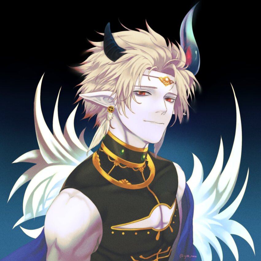 1boy another_eden black_shirt blonde_hair blue_background circlet cleavage_cutout clothing_cutout colored_skin dunarith_(another_eden) earrings eyeshadow feather_earrings feathers gold_trim gradient_background gure_tora highres horns jewelry light_smile looking_at_viewer makeup male_focus parted_bangs pointy_ears portrait purple_eyeshadow red_eyes shirt short_hair sleeveless sleeveless_turtleneck solo turtleneck twitter_username white_skin