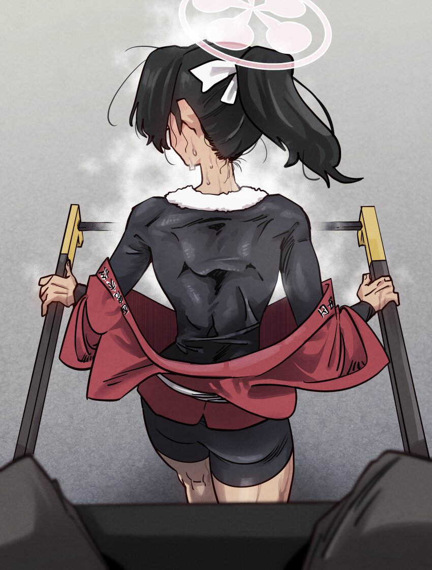1girl 3_jung absurdres ass back bike_shorts black_hair black_shirt blue_archive dark-skinned_female dark_skin halo highres japanese_clothes long_hair long_sleeves ponytail rickshaw rickshaw_student_(blue_archive) shirt sweat towel towel_around_neck