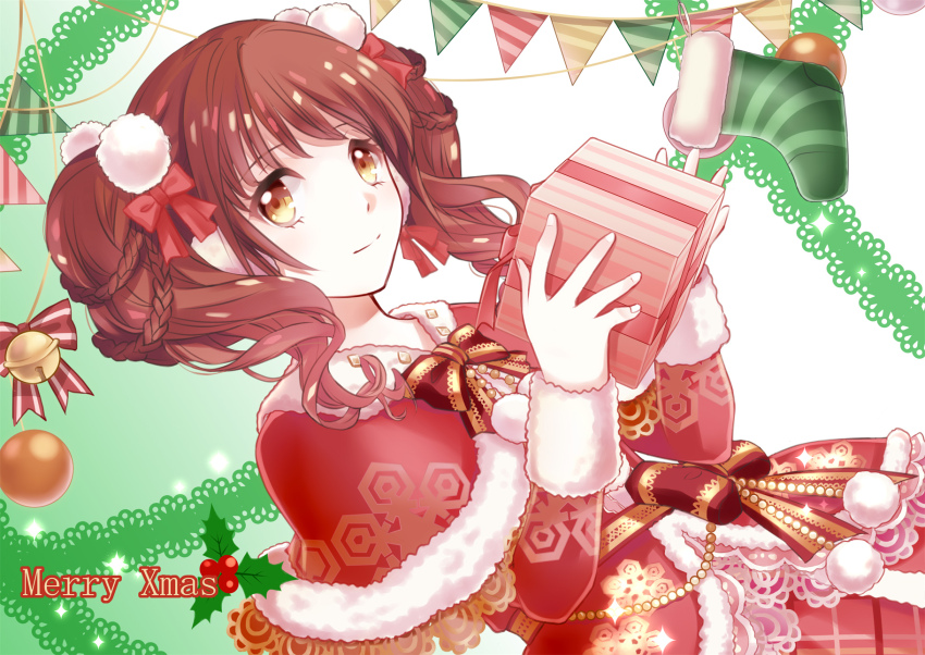 1girl alice_closet bell bow bowtie box braid brown_eyes brown_hair capelet christmas christmas_stocking closed_mouth commentary_request cowboy_shot dress dutch_angle fur-trimmed_dress fur_trim gift gift_box hair_ornament highres holding holding_gift jingle_bell long_hair looking_at_viewer margaret_(alice_closet) pom_pom_(clothes) pom_pom_hair_ornament red_bow red_bowtie red_capelet red_dress santa_costume santa_dress shiikasan smile solo streamers twintails