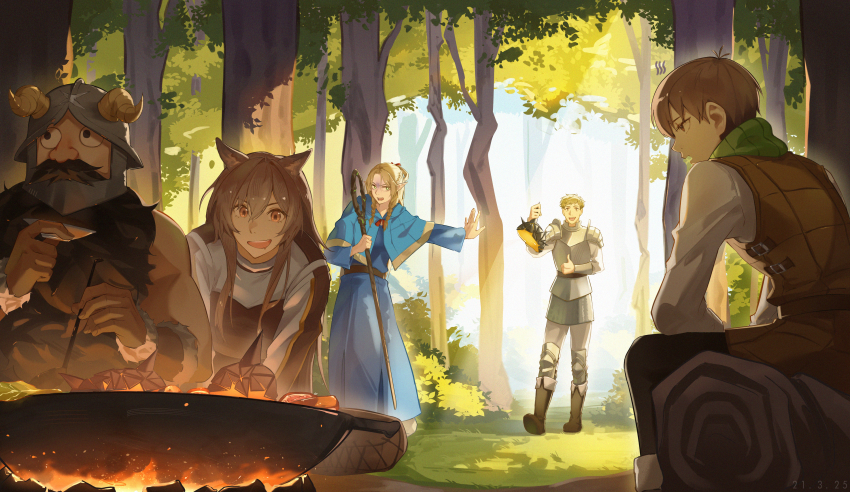 2girls 3boys :d absurdres animal_ears arknights armor bare_shoulders beard black_eyes black_hair black_pants blonde_hair blue_capelet blue_dress braid brown_eyes brown_hair brown_vest capelet ceobe_(arknights) chilchuck_tims commentary cooking cuirass cup curled_horns day dress drooling dungeon_meshi elf embers english_commentary facial_hair fire forest fur_trim gloom_(expression) grass green_eyes haaahoi hair_between_eyes helmet highres holding holding_staff horns horns_through_headwear laios_touden long_beard long_dress long_hair long_sleeves looking_at_another looking_at_food looking_to_the_side marcille_donato medium_hair mouth_drool multiple_boys multiple_girls mustache nature no_(gesture) open_mouth orange_eyes outdoors outstretched_arm pants parted_bangs picnic plant pointy_ears profile sakazuki senshi_(dungeon_meshi) shirt short_hair sitting smile staff standing thumbs_up tree vambraces vest white_pants white_shirt yellow_horns