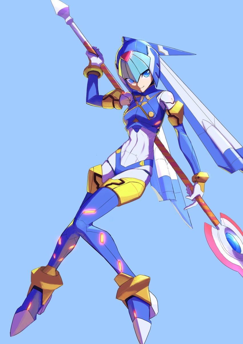 1girl alternate_design android blue_background blue_eyes breasts full_body helmet high_heels highres holding holding_weapon izumo_(ton_63) knees_together_feet_apart fairy_leviathan_(mega_man) medium_breasts nemo_(leafnight) polearm mega_man_(series) mega_man_zero_(series) simple_background solo spear weapon