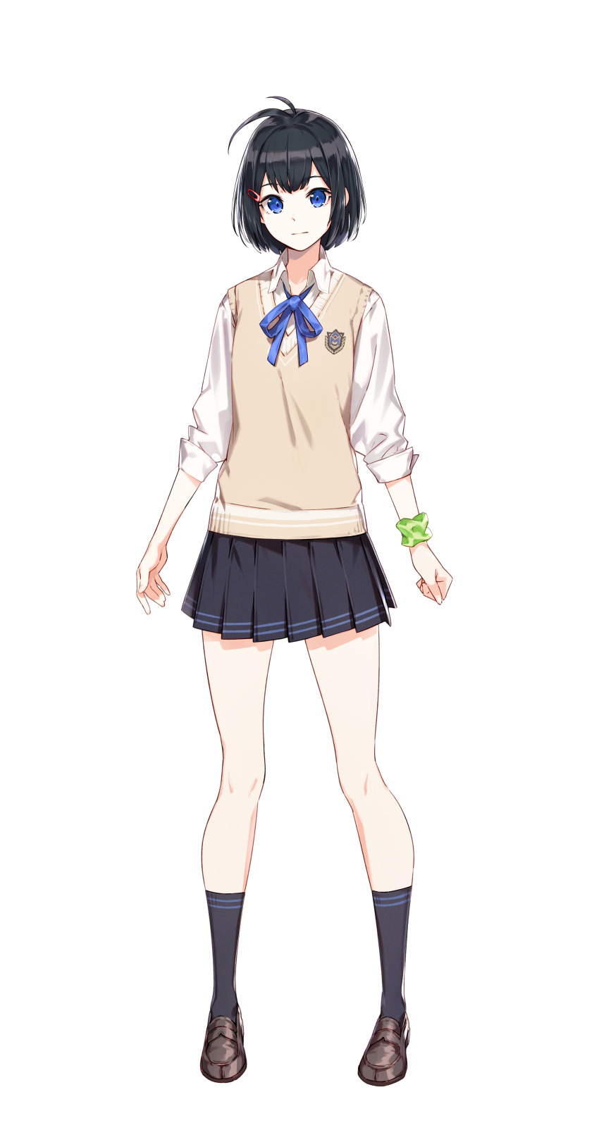1girl absurdres ahoge ankle_socks antenna_hair black_hair black_skirt black_socks blue_eyes blue_ribbon brown_shoes brown_sweater_vest closed_mouth collared_shirt corpse_party corpse_party_ii_darkness_distortion dress_shirt full_body green_scrunchie hair_ornament hairclip highres loafers looking_at_viewer nanami_haruka_(corpse_party) neck_ribbon official_art pleated_skirt ribbon school_uniform scrunchie shirt shoes short_hair simple_background skirt sleeves_rolled_up socks solo standing sweater_vest tachi-e transparent_background white_shirt wrist_scrunchie