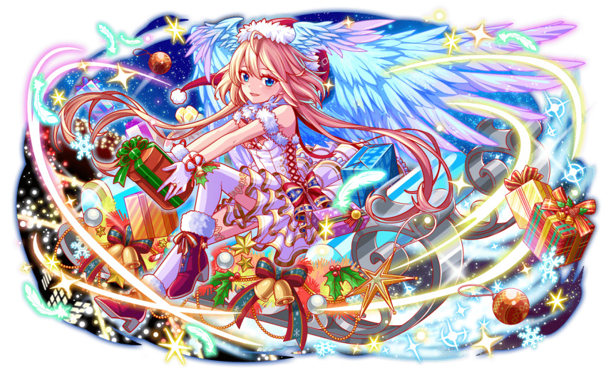 ankle_boots aqua_eyes aqua_wings artist_request bare_shoulders beads bell blonde_hair blue_sky blush boots bow box breasts buttons cel_shading christmas christmas_ornaments crash_fever cross-laced_clothes cross-laced_dress dress dress_bow feathers footwear_ribbon full_body fur-trimmed_headwear fur_trim game_cg gift gift_box gloves hair_between_eyes hat head_wings high_heel_boots high_heels holding holding_gift jewelry jung_(crash_fever) knot layered_dress light_particles long_hair looking_at_viewer medium_hair mistletoe night night_sky number_print numbered official_art open_mouth outdoors outline pom_pom_(clothes) print_bow print_headwear print_ribbon puffy-trimmed_footwear puffy-trimmed_gloves red_boots red_hat red_outline ribbon ring santa_hat sky sleigh small_breasts snowflakes solo sparkle sparkle_print square square_print star_(sky) star_ornament tachi-e thighhighs third-party_source transparent_background two-tone_bow two-tone_ribbon very_long_hair white_dress white_feathers white_gloves white_pom_poms white_thighhighs wings yellow_trim