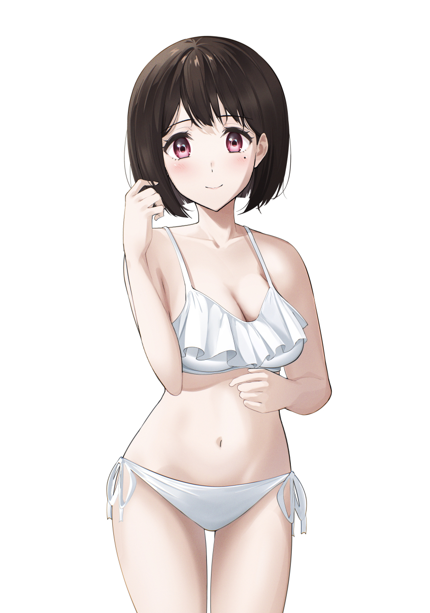 1girl absurdres akane_(tgixb) bikini breasts brown_hair cleavage closed_mouth collarbone cowboy_shot hand_up hibike!_euphonium highres medium_breasts mole mole_under_eye nakaseko_kaori navel red_eyes short_hair side-tie_bikini_bottom simple_background smile solo stomach swimsuit white_background white_bikini
