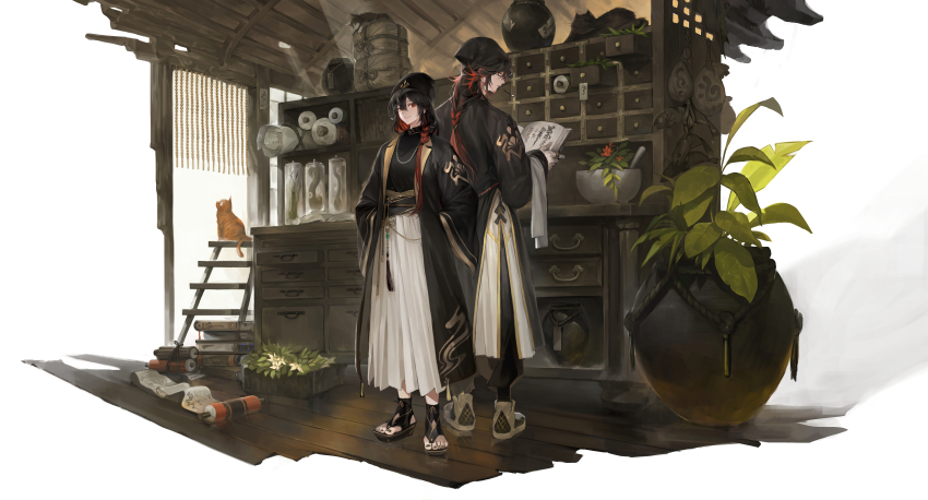 absurdres black_hair black_headwear black_nails book book_stack boony2789 braid cat chinese_clothes day drawer hair_between_eyes highres indoors jar jewelry long_sleeves mortar_(bowl) mouth_hold multicolored_hair necklace open_book original pestle plant red_eyes red_hair reflection scroll standing streaked_hair