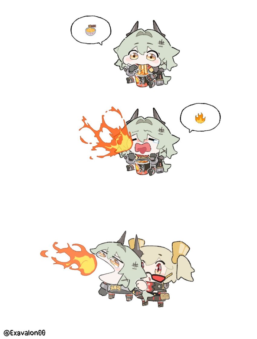 2girls blonde_hair breath_weapon breathing_fire burnice_white caesar_king_(zenless_zone_zero) chibi chopsticks cup_ramen eating fire grey_hair highres holding holding_chopsticks korean_fire_noodles multiple_girls red-tinted_eyewear sima_(exavalon00) spicy spoken_emoji tears tinted_eyewear twintails zenless_zone_zero