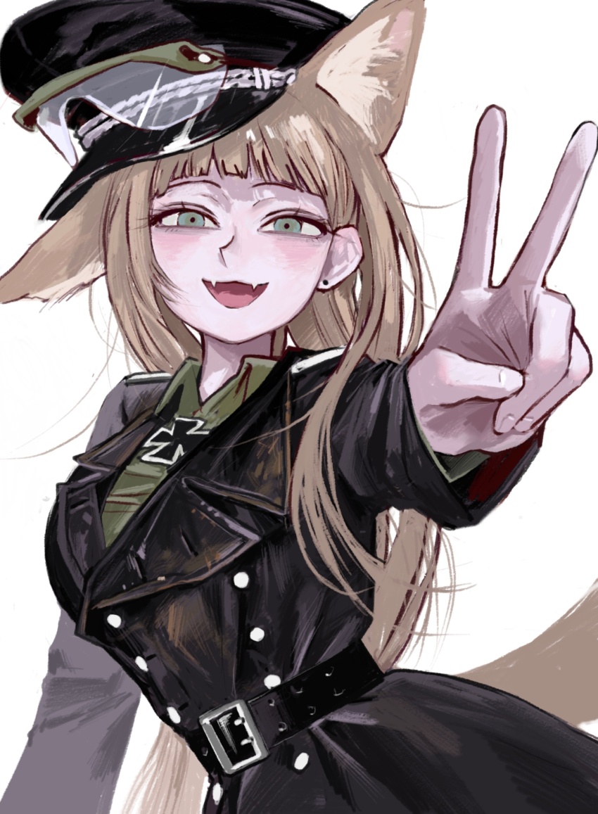 1girl animal_ears animification aqua_eyes belt black_belt black_hat black_jacket blush brown_hair coat commentary_request cross ear_piercing erwin_rommel fangs fox_ears genderswap genderswap_(mtf) half-closed_eyes hand_up hat highres iron_cross jacket korean_commentary long_hair looking_at_viewer military_coat military_uniform min_do-sik peaked_cap piercing real_life simple_background skin_fangs smile solo v wehrmacht white_background world_war_ii