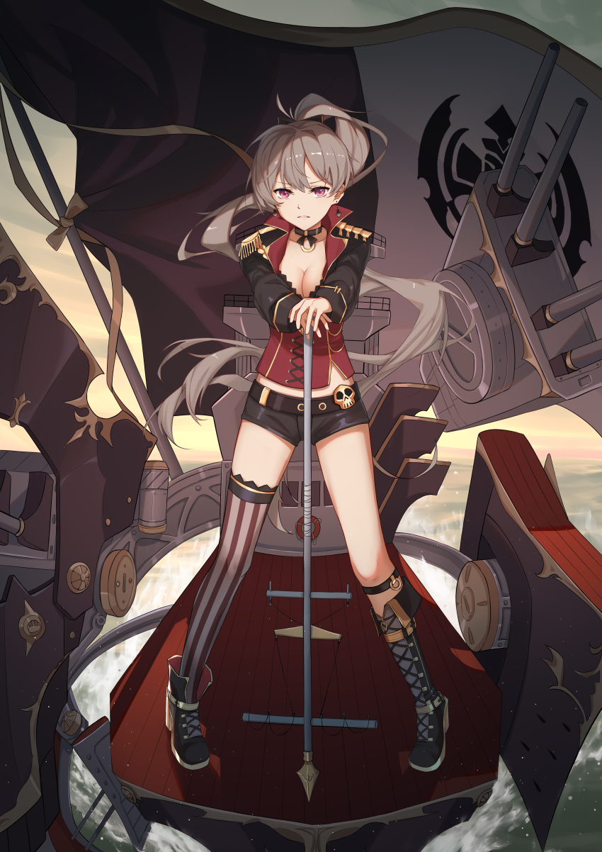 1girl absurdres aiguillette asymmetrical_footwear asymmetrical_legwear azur_lane belt black_belt black_boots black_choker black_shorts boots breasts choker cleavage collarbone corset cross-laced_clothes earrings epaulettes flag floating_hair full_body gold_trim hair_between_eyes hair_ribbon high_collar high_ponytail highres holding jean_bart_(azur_lane) jewelry knee_boots lace-up_boots light_brown_hair long_hair long_sleeves looking_at_viewer medium_breasts midriff_peek mismatched_footwear o-ring o-ring_choker ocean ponytail purple_eyes ribbon ship_turret short_shorts shorts sidelocks single_thighhigh skull skull_belt sleeve_cuffs solo standing striped_clothes striped_thighhighs thighhighs uneven_legwear v-shaped_eyebrows vertical-striped_clothes vertical-striped_thighhighs very_long_hair vichya_dominion_(emblem) waves weapon xiamianhaiya