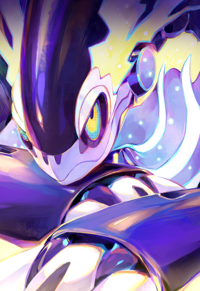 absurdres claws close-up closed_mouth commentary_request glowing highres kuzen looking_at_viewer miraidon multicolored_eyes nintendo no_humans pokemon pokemon_(creature) solo yellow_eyes