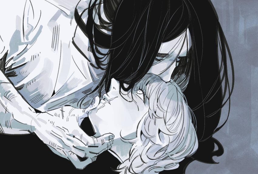 2boys badeni chi.:_chikyuu_no_undou_ni_tsuite closed_eyes collared_shirt greyscale hand_on_another&#039;s_chin highres kiss kissing_head long_hair looking_at_another looking_up male_focus monochrome moogyoza multiple_boys multiple_scars oczy scar scar_on_face scar_on_mouth shirt upper_body wing_collar yaoi