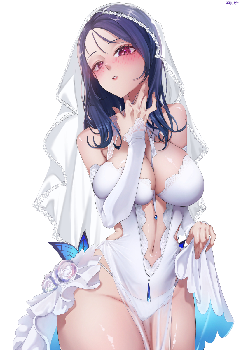 1girl absurdres bibie307 blush breasts bridal_veil bride bug butterfly cleavage cleavage_cutout clothing_cutout corsage covered_navel dress elbow_gloves flower frilled_skirt frills gloves goddess_of_victory:_nikke highleg highres insect isabel_(honeymoon_party)_(nikke) isabel_(nikke) large_breasts long_hair looking_at_viewer makeup navel_cutout official_alternate_costume panties red_eyes see-through_clothes skirt solo underwear veil wedding_dress white_background white_flower white_panties