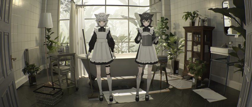 2girls animal_ears apron bathroom bathtub black_footwear black_hair black_shirt black_skirt blouse broom buttons cart cat_ears closed_mouth clothes_hanger door door_handle faucet frilled_apron frills grey_hair highres holding holding_broom holding_watering_can indoors kneehighs lamp long_sleeves looking_at_viewer maid maid_apron mary_janes mirror multiple_girls nakai_(nnnjpg) open_door original plant potted_plant radiator shadow shirt shoes short_hair shower_head skirt socks standing thigh_strap tile_wall tiles towel watering_can white_apron white_curtains white_legwear window