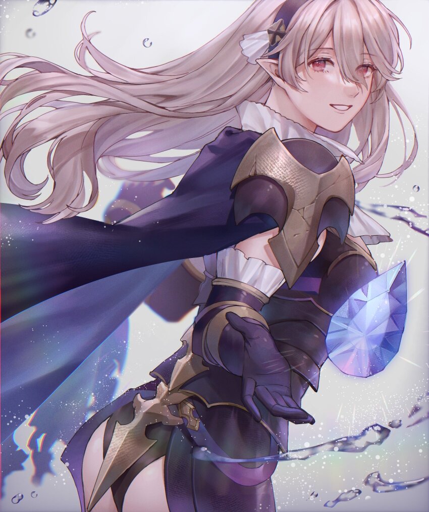 1girl ai_tkkm armor armored_leotard ascot ass black_cape black_gloves black_hairband black_leotard breastplate cape female_corrin_(fire_emblem) female_corrin_(nohr_noble)_(fire_emblem) dragonstone elbow_gloves fire_emblem fire_emblem_fates fire_emblem_heroes floating floating_hair floating_object gloves grey_hair grin hair_between_eyes hairband highres leotard long_hair looking_at_viewer nintendo official_alternate_costume pointy_ears red_eyes smile solo white_ascot
