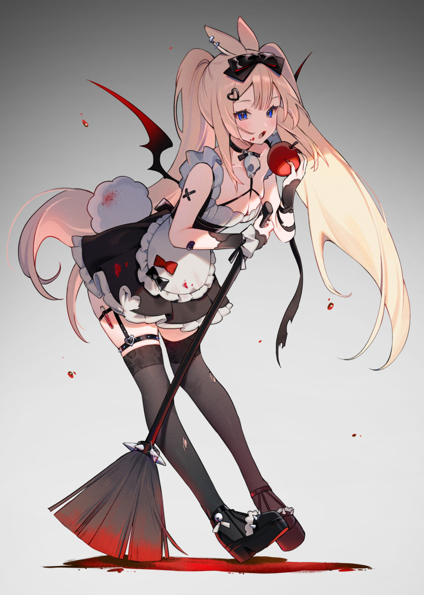 1girl animal_ears black_dress black_footwear black_thighhighs blonde_hair blue_eyes broom demon_wings dress food fruit full_body highres holding holding_broom holding_food holding_fruit indie_virtual_youtuber long_hair maid open_mouth rabbit_ears solo thighhighs twintails very_long_hair virtual_youtuber wings yenko_(vtuber) yenkoes