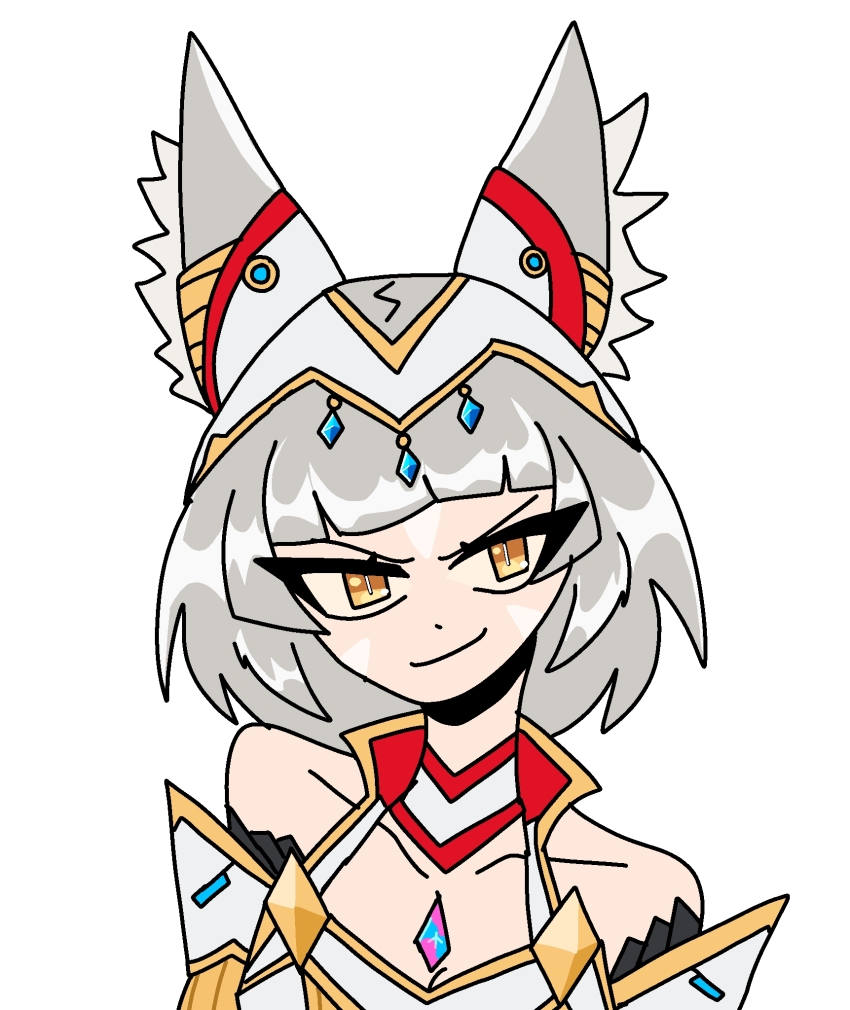 1girl animal_ears cartoonized cat_ears cat_girl closed_mouth core_crystal_(xenoblade) grey_hair highres looking_at_viewer nia_(xenoblade) non-web_source short_hair simple_background smile solo toon_(style) upper_body white_background xenoblade_chronicles_(series) xenoblade_chronicles_3 yellow_eyes