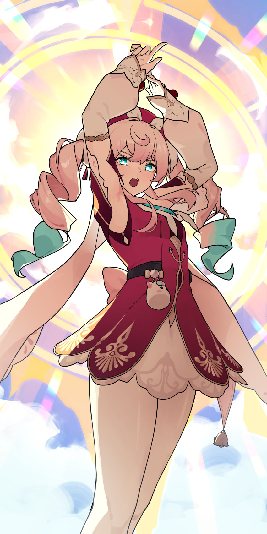 1girl absurdres aqua_eyes aqua_hair breasts commentary dress drill_hair hat highres honey_boba honkai:_star_rail honkai_(series) hyacine_(honkai:_star_rail) medium_breasts multicolored_hair multicolored_sky pantyhose pink_hair red_dress red_hat sky solo twin_drills two-tone_hair white_pantyhose