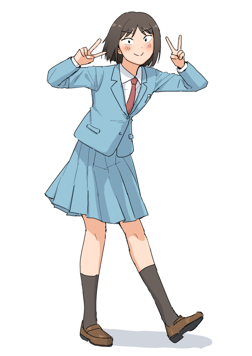 1girl annko black_socks blue_jacket blue_skirt brown_hair brown_shoes commentary_request double_v full_body highres iwakura_mitsumi jacket loafers medium_skirt necktie pleated_skirt red_necktie school_uniform shoes skip_to_loafer skirt smile socks solo v