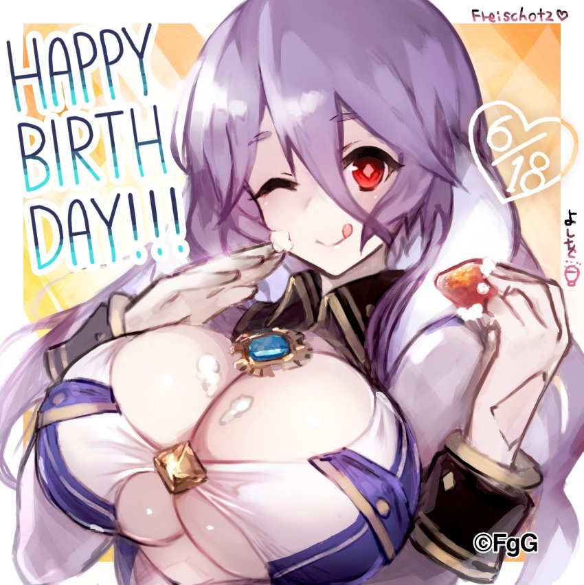 ;) ancient_killers_(phantom_of_the_kill) breasts character_name cleavage cleavage_cutout clothing_cutout collar company_name dated food freischutz_(phantom_of_the_kill) fruit gloves happy_birthday heart highres huge_breasts icing looking_at_viewer official_art one_eye_closed phantom_of_the_kill purple_hair red_eyes sleeve_cuffs smile solo strawberry underboob_cutout