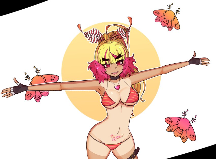 1girl absurdres antennae arthropod_girl bikini black_choker black_gloves blonde_hair blunt_bangs breasts bug choker commentary english_commentary eyelashes fingerless_gloves gloves heart heart_necklace highres ichigo_lemonade indie_virtual_youtuber insect insect_girl jewelry leg_belt long_hair meinou mismatched_eyebrows moth moth_antennae moth_girl multicolored_hair navel necklace open_mouth outline outstretched_arms pink_eyes pink_hair pubic_tattoo red_bikini smile solo string_bikini striped_bikini striped_clothes swimsuit tan tanline tattoo teeth thick_eyebrows two-tone_hair upper_teeth_only virtual_youtuber white_outline