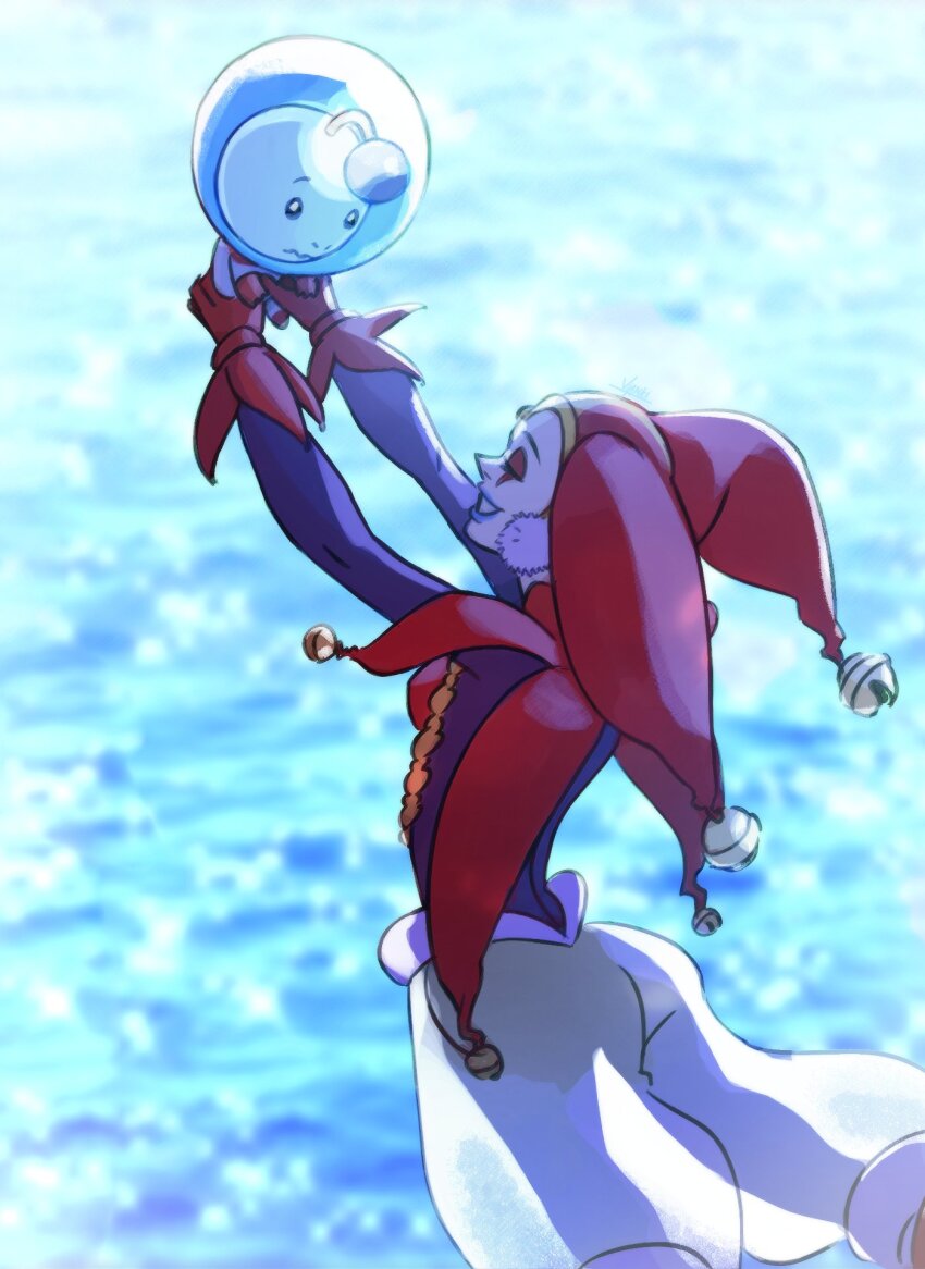 1boy 1girl alien black_leotard breasts chrono_cross closed_eyes cowboy_shot earrings emi-bianchi facepaint gloves harle_(chrono_cross) harlequin hat hat_bell highres jester_cap jewelry leotard long_sleeves looking_at_another medium_breasts ocean pom_pom_(clothes) pom_pom_earrings puffy_pants red_gloves red_headwear see-through_clothes see-through_legwear spacesuit starky_(chrono_cross) wavy_mouth