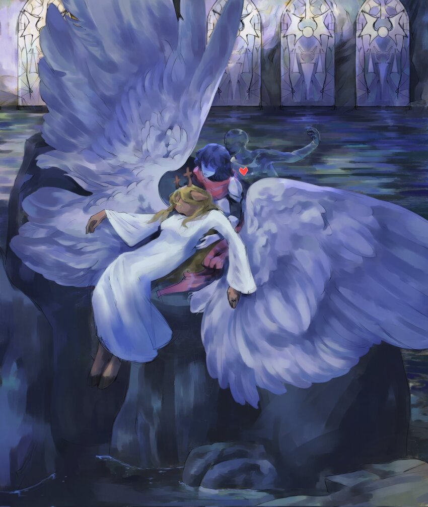 1girl 2others angel_wings antlers blonde_hair blue_hair deer_girl deltarune furry furry_female heart highres hooves horns jaqratte kris_(deltarune) kris_(pokemon) multiple_others noelle_holiday noelle_holiday_(dark_world) red_scarf robe scarf see-through_body sleeping soul_(deltarune) utdr_(toby_fox) white_robe wings