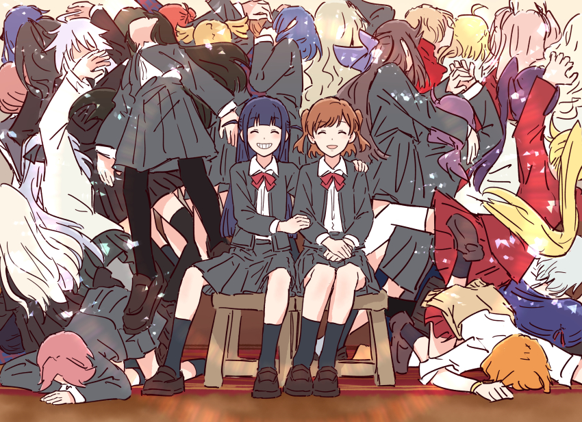 6+girls :d ^_^ absurdres ahoge aijou_karen akikaze_rui arched_bangs black_hair black_skirt black_socks blonde_hair blue_hair bow bowtie brown_cardigan brown_hair brown_shoes bullfalk cardigan cardigan_around_waist character_request check_character closed_eyes clothes_around_waist commentary_request daiba_nana ebisu_tsukasa grey_hair grey_jacket grey_skirt grin hanayagi_kaoruko hand_on_another&#039;s_arm hand_on_another&#039;s_shoulder highres hoshimi_junna isurugi_futaba jacket kagura_hikari kano_misora kobato_ryouko kochou_shizuha liu_mei_fan loafers long_hair long_sleeves miniskirt moriyasu_kuina multiple_girls nonomiya_lalafin on_stool oogami_shiro ootsuki_aruru open_clothes open_jacket open_mouth orange_hair otonashi_ichie otori_michiru pink_hair pleated_skirt purple_hair red_bow red_bowtie red_jacket red_skirt saijou_claudine seishou_music_academy_uniform shirt shoes short_twintails shoujo_kageki_revue_starlight shoujo_kageki_revue_starlight_-re_live- side_ponytail sitting skirt smile socks takachiho_stella tanaka_yuyuko tendou_maya tomoe_tamao top-down_bottom-up tsuruhime_yachiyo tsuyuzaki_mahiru twintails two_side_up umibe_minku white_shirt yukishiro_akira yumeoji_fumi yumeoji_shiori