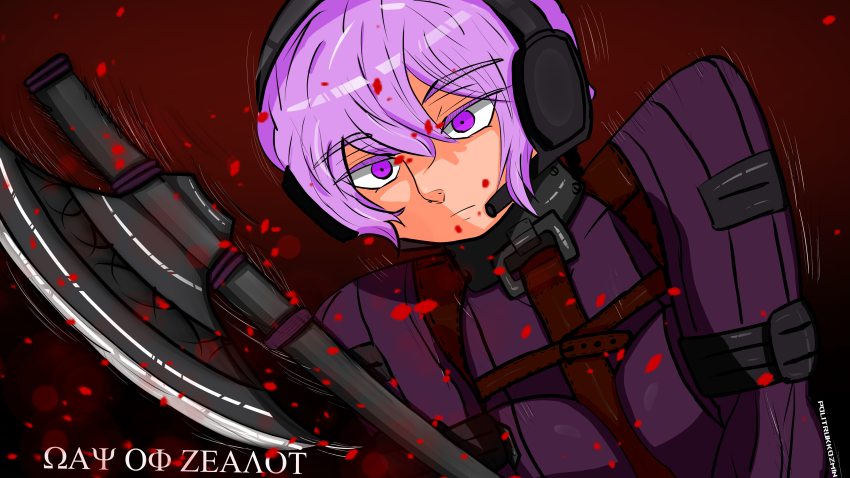 1girl absurdres axe beyond_citadel blood blood_splatter eyebrows eyelashes female_focus gradient_background greek_text hair_between_eyes highres looking_at_viewer martyr_(the_citadel) purple_eyes purple_hair purple_shirt red_background shirt simple_background solo solo_focus source_request the_citadel upper_body