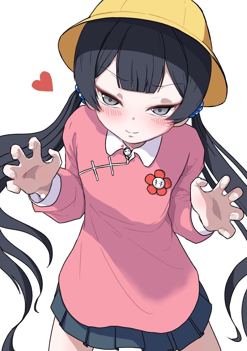 +_+ 1girl bag black_hair blue_archive blush flower_pin giant giantess grey_eyes hair_bobbles hair_ornament hands_up hat heart highres kindergarten_bag kindergarten_uniform kisaki_(blue_archive) kisaki_(kindergarten_uniform)_(blue_archive) long_hair long_sleeves looking_at_viewer low_twintails out_of_character pink_shirt pleated_skirt preesoul school_hat sensei_(blue_archive) shirt simple_background skirt smile solo twintails yellow_hat