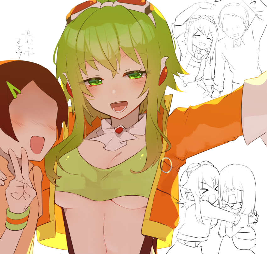 blush breasts goggles goggles_on_head green_eyes green_hair gumi happy highres hug jacket large_breasts looking_at_viewer orange_jacket red_goggles short_hair toned_stomach torino_sasami underboob vocaloid