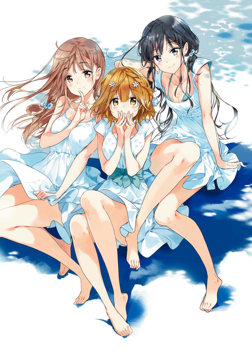 3girls arm_support barefoot black_eyes black_hair breasts brown_hair cleavage cola collarbone dress finger_to_mouth floating_hair flower hair_flower hair_ornament hand_in_own_hair highres index_finger_raised long_hair looking_at_viewer masamune-kun_no_revenge medium_breasts multiple_girls short_dress sitting sleeveless sleeveless_dress small_breasts smile tiv white_background white_dress white_flower