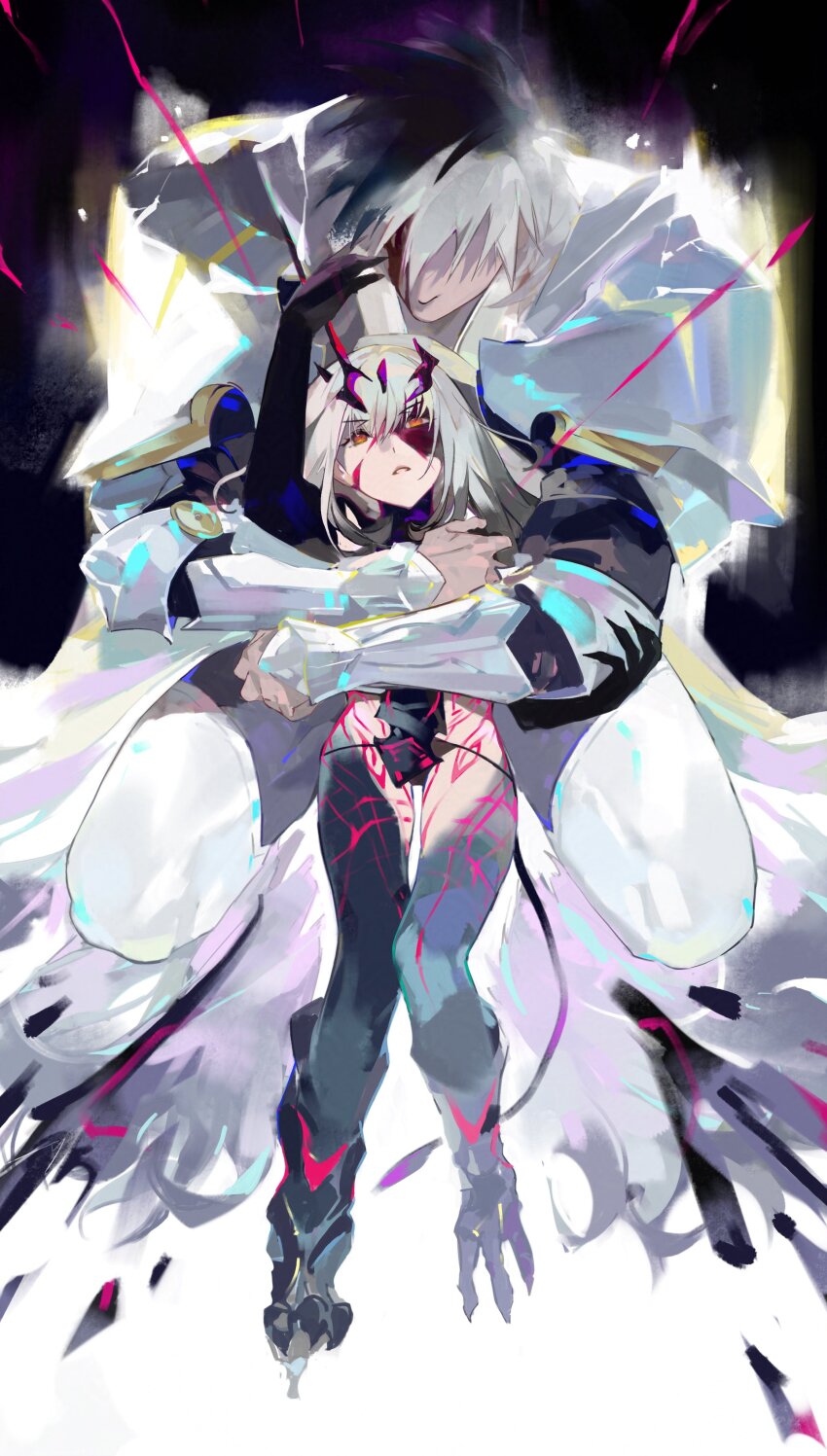 1boy 1girl absurdres arm_guards armor black_claws black_hands black_tabard blood blood_on_face body_markings colored_extremities fate/grand_order fate_(series) forked_eyebrows fui_(fui29493452) gradient_skin highres hug melusine_(fate) melusine_(red_hot_deviation)_(fate) orange_eyes percival_(fate) revealing_clothes shoulder_armor tabard white_armor white_hair