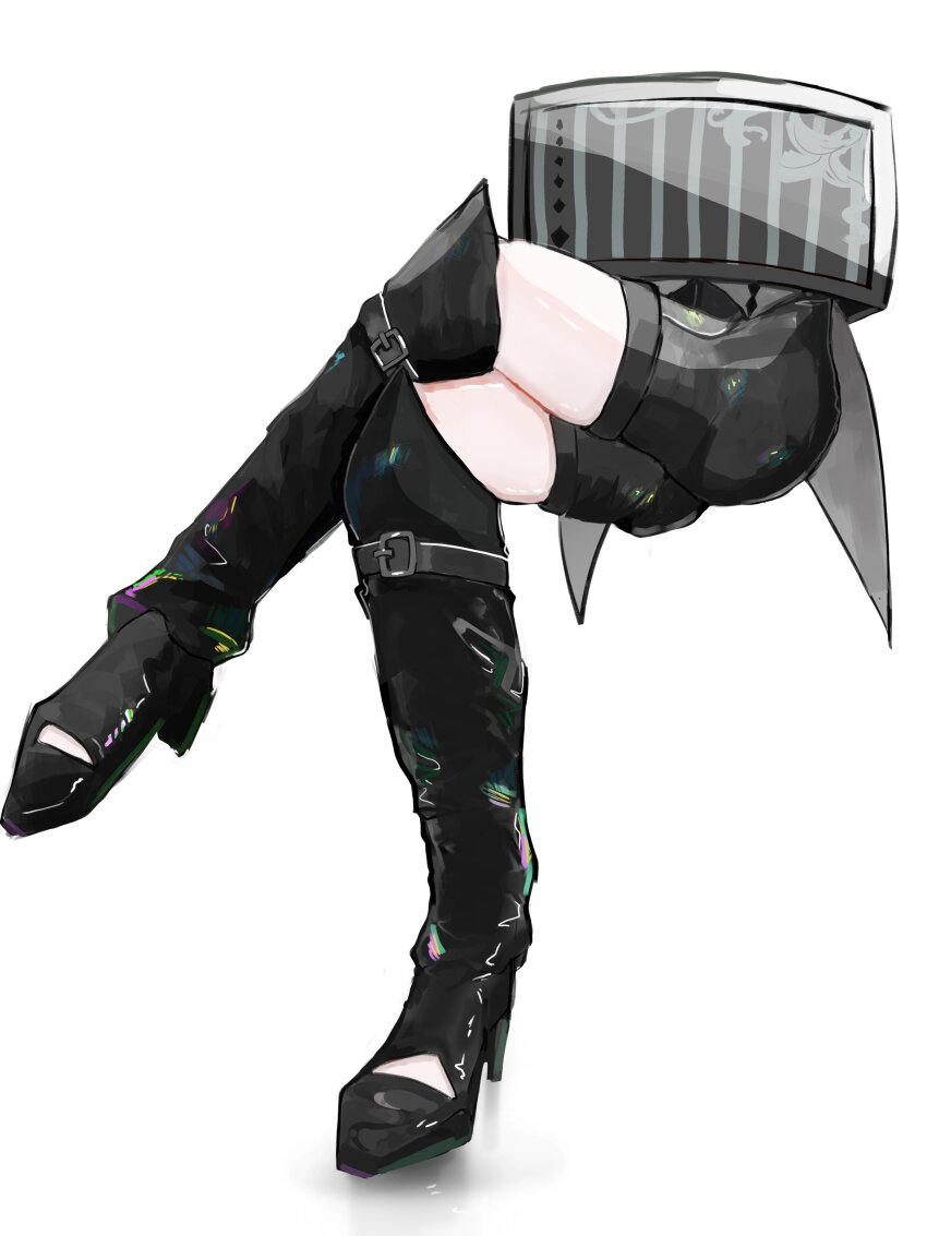 1boy absurdres ass black_boots black_shorts boots box coattails commentary crossed_legs english_commentary gavis_bettel gavis_bettel_(1st_costume) high_heel_boots high_heels highres holostars holostars_english in_box in_container invisible_chair lower_body magic_trick male_focus miqoua pale_skin shiny_clothes shorts simple_background sitting solo thigh_boots thighhighs virtual_youtuber white_background zettai_ryouiki