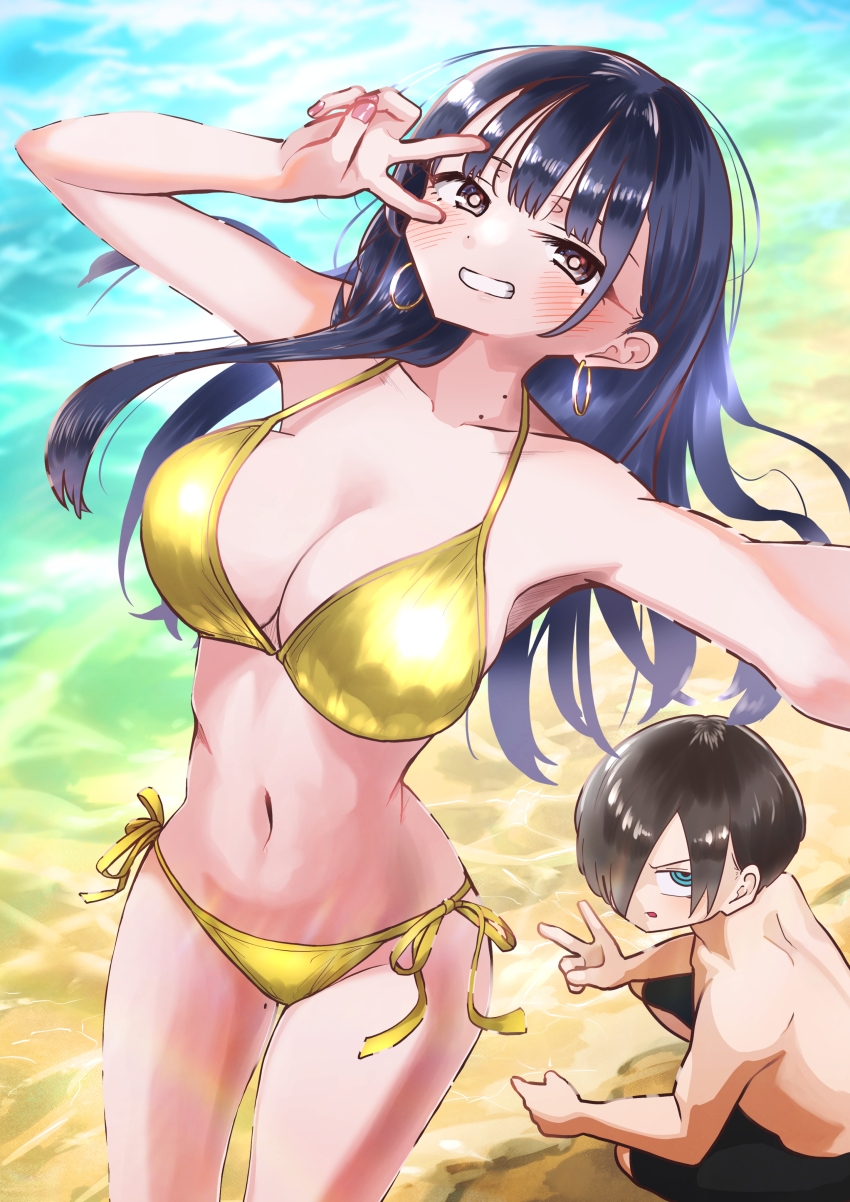 1boy 1girl absurdres alternate_costume beach bikini black_hair blue_eyes blush boku_no_kokoro_no_yabai_yatsu breasts brown_eyes cleavage collarbone commentary_request day earrings gold_bikini grin hair_over_one_eye hands_up highres hoop_earrings ichikawa_kyoutarou jewelry large_breasts long_hair m2bou male_swimwear mole mole_on_neck multiple_moles navel outdoors paid_reward_available ringed_eyes sand selfie shirt shore short_hair side-tie_bikini_bottom smile squatting standing string_bikini swimsuit v v_over_eye variant_set water yamada_anna