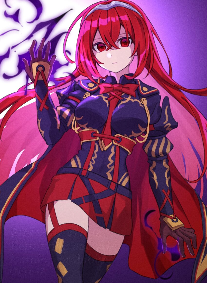1girl aura braid breasts cape crossed_bangs crown_braid dark_aura dark_persona female_alear_(fell_dragon)_(fire_emblem) female_alear_(fire_emblem) female_alear_(red_days_past)_(fire_emblem) fire_emblem fire_emblem_engage fire_emblem_heroes hair_between_eyes highres long_hair looking_at_viewer medium_breasts nintendo official_alternate_color official_alternate_eye_color official_alternate_hair_color purple_aura red_eyes red_hair shinae thighhighs tiara two-sided_cape two-sided_fabric very_long_hair