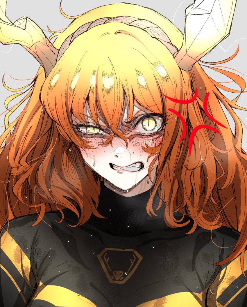 1girl angry antlers blush highres horns ishmael_(project_moon) limbus_company long_hair looking_at_viewer nb8c orange_eyes orange_hair project_moon r_corp._(identity)_(project_moon) solo tearing_up