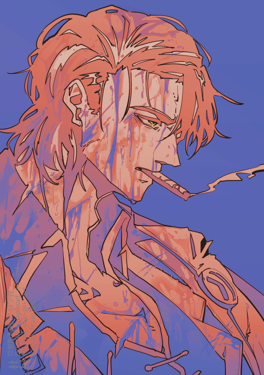 1boy blood blood_in_hair blood_on_face blue_blood blue_coat cigar coat collarbone curtained_hair green_eyes hair_slicked_back high_collar highres limbus_company limited_palette male_focus meursault_(project_moon) mry_46 orange_hair portrait project_moon smoking solo sweat thumb_(identity)_(project_moon) wolf_cut