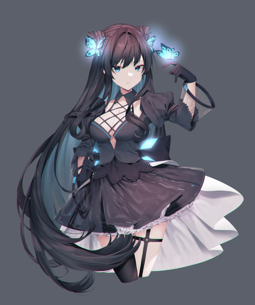 1girl absurdres aei_jiei arcaea arm_up asymmetrical_legwear black_dress black_gloves black_hair black_thighhighs blue_eyes blue_hair breasts bug butterfly butterfly_hair_ornament butterfly_on_hand cleavage colored_inner_hair cone_hair_bun cowboy_shot cropped_legs cross cross_earrings cytus cytus_ii double_bun dress earrings expressionless frilled_dress frills gloves grey_background hair_bun hair_ornament highres insect jewelry long_hair long_sleeves looking_at_viewer multicolored_hair see-through_clothes see-through_sleeves simple_background single_thighhigh solo tairitsu_(arcaea) thighhighs two-tone_hair uneven_legwear very_long_hair