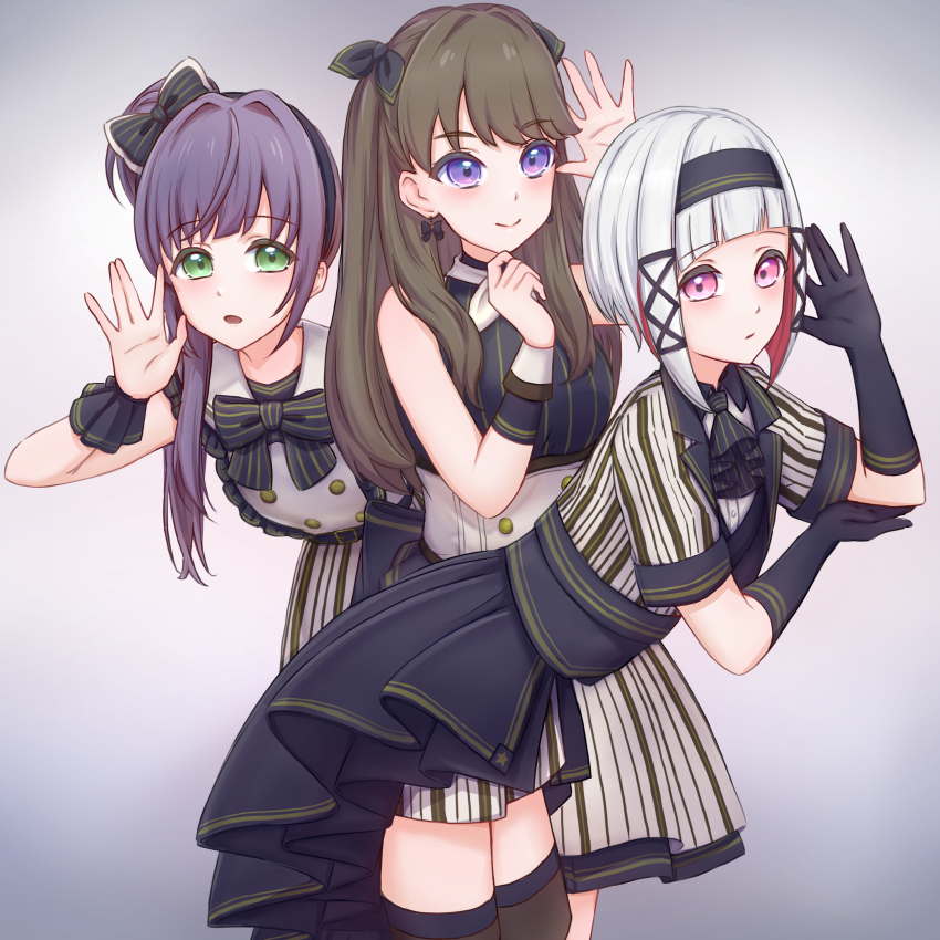 3girls \||/ absurdres ascot black_ascot black_bow black_bowtie black_gloves black_hairband black_headband black_thighhighs blush bob_cut bow bowtie brown_hair closed_mouth colored_inner_hair commentary_request cowboy_shot diagonal_bangs elbow_gloves fujishima_megumi gloves gradient_background green_eyes grey_background hair_bow hair_bun hairband hand_on_own_elbow headband highres inverted_bob kannogi leaning_forward link!_like!_love_live! long_hair love_live! miniskirt multicolored_hair multiple_girls official_alternate_costume open_hand open_mouth otomune_kozue pink_eyes pinstripe_ascot pinstripe_bowtie pinstripe_pattern pinstripe_shirt pinstripe_shorts pinstripe_skirt purple_eyes purple_hair red_hair revision shirt short_hair short_shorts shorts side_ponytail sidelocks simple_background single_side_bun skirt smile standing streaked_hair thighhighs two_side_up virtual_youtuber white_hair white_wrist_cuffs wrist_cuffs yugiri_tsuzuri yunokuni_girls!_(love_live!)