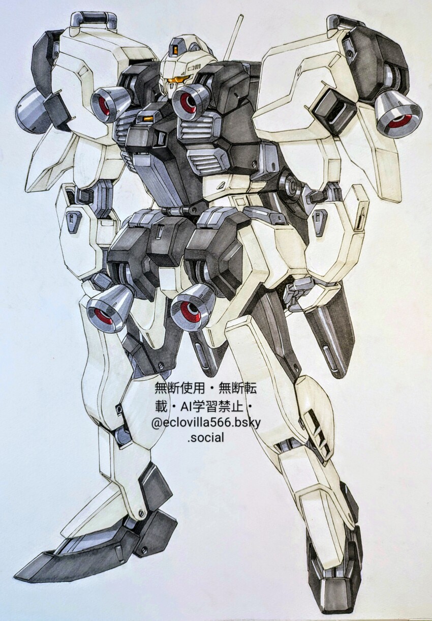 absurdres artist_name assault_visor bluesky_username commentary_request concept_art earth_federation eclogue.566 fusion gm_night_seeker gradient_background gundam gundam_msv gundam_sentinel highres machinery mecha mecha_focus mobile_suit nero_(mobile_suit) no_humans original radio_antenna robot science_fiction signature solo vernier_thrusters yellow_visor