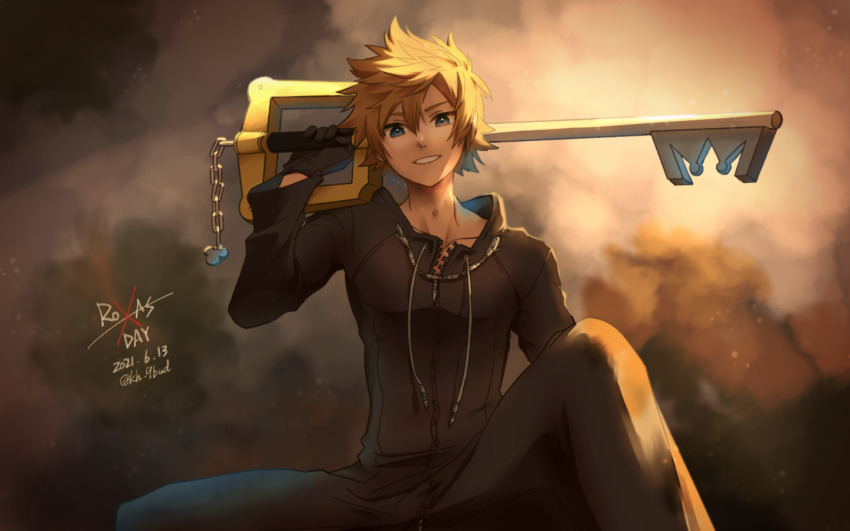 1boy 3582y black_coat_(kingdom_hearts) black_gloves blonde_hair blue_eyes gloves grin holding_behind_back holding_weapon_behind_back keyblade kingdom_hearts kingdom_key knee_up looking_at_viewer male_focus roxas short_hair sidelocks sitting smile smoke spiked_hair