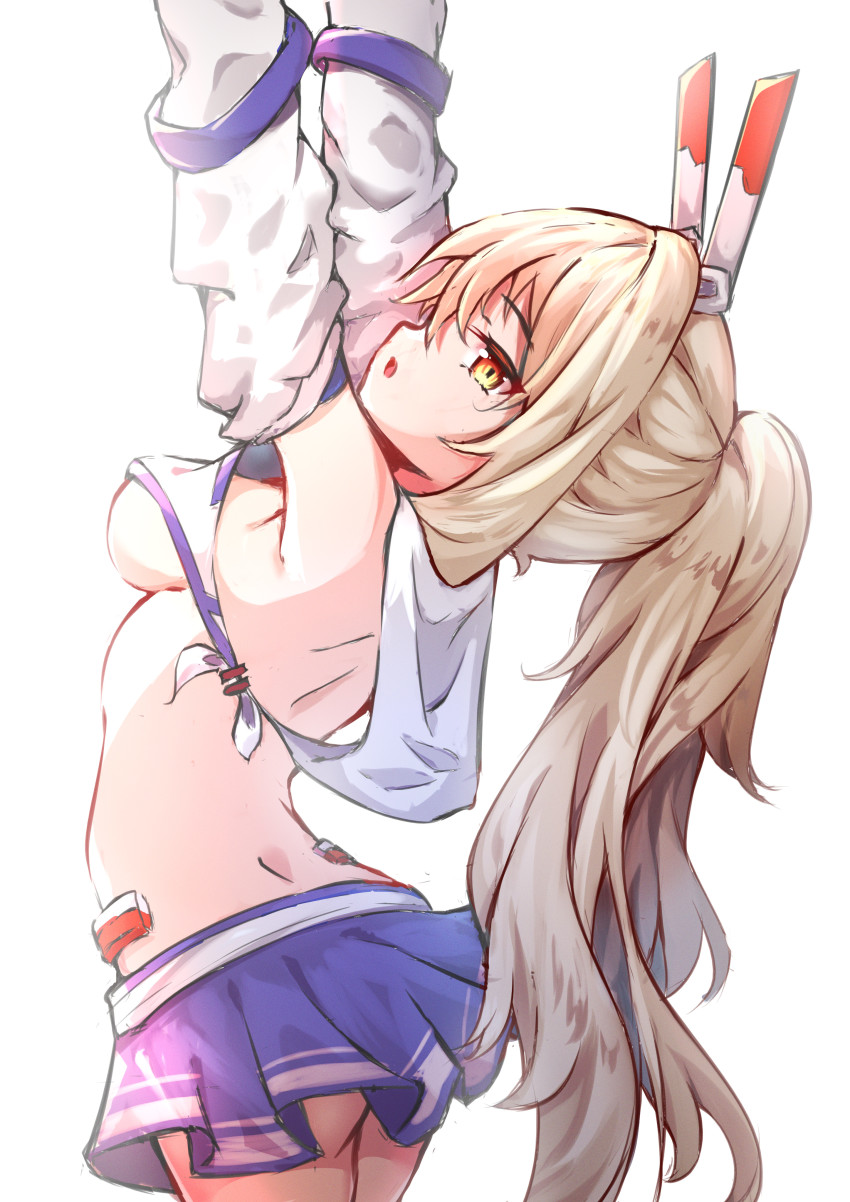 1girl absurdres armpits arms_up ass ayanami_(azur_lane) ayanami_(retrofit)_(azur_lane) azur_lane bare_back belt blue_skirt breasts commentary_request detached_sleeves from_behind grey_hair hair_between_eyes head_tilt headgear highres juiceneko leaning_back long_hair long_sleeves looking_at_viewer looking_back midriff orange_eyes parted_lips pleated_skirt ponytail retrofit_(azur_lane) sidelocks simple_background skirt solo underboob white_background wide_sleeves