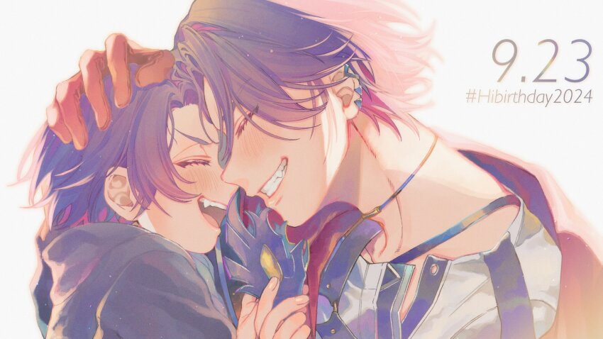 2boys :d ^_^ aged_down black_choker black_hoodie black_jacket blush chest_harness child choker closed_eyes commentary_request dated dual_persona ear_piercing eye_mask fangs gloves grin hair_between_eyes hand_on_another&#039;s_head hand_up harness hashtag highres holding holding_mask hood hood_down hoodie jacket kaburagi_(pnoir087) light_particles male_focus mask multicolored_hair multiple_boys nijisanji o-ring o-ring_harness open_clothes open_jacket open_mouth parted_bangs piercing pink_hair purple_hair red_gloves shirt short_hair simple_background smile teeth time_paradox two-tone_hair unworn_mask upper_body upper_teeth_only v-shaped_eyebrows virtual_youtuber watarai_hibari watarai_hibari_(1st_costume) white_background white_shirt
