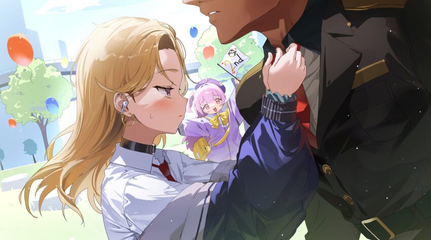 1boy 2girls adjusting_clothes adjusting_necktie bag belt bird black_choker blonde_hair blush choker commander_(nikke) earrings ein_(nikke) flag gloves goddess_of_victory:_nikke gogoco highres jacket jewelry looking_at_viewer military military_uniform multiple_girls nail_polish necktie penguin profile purple_hair red_eyes rei_(nikke) ribbon school_bag school_uniform shirt white_shirt wireless_earphones yellow_ribbon