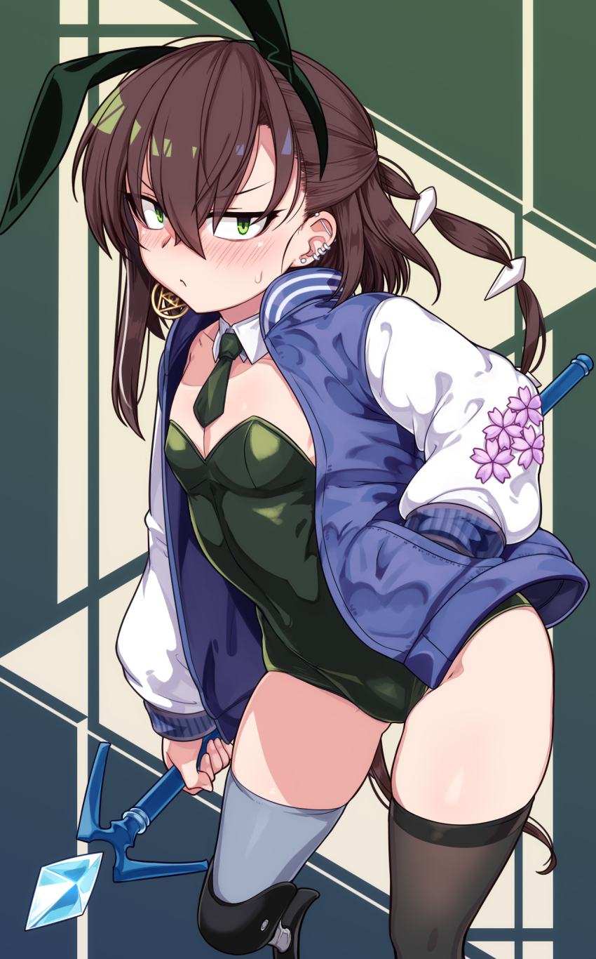 1girl animal_ears black_thighhighs blue_jacket blush brown_hair collarbone commentary_request covered_navel detached_collar ear_piercing fake_animal_ears flat_chest green_background green_eyes green_leotard hair_between_eyes hair_ornament hand_in_pocket highres holding holding_staff indie_virtual_youtuber jacket kanatama leotard long_hair long_sleeves looking_at_viewer mage_staff multiple_piercings necktie open_clothes open_jacket piercing playboy_bunny prosthesis prosthetic_leg rabbit_ears running_blades solo staff standing strapless strapless_leotard sweatdrop thighhighs thighs umaway v-shaped_eyebrows